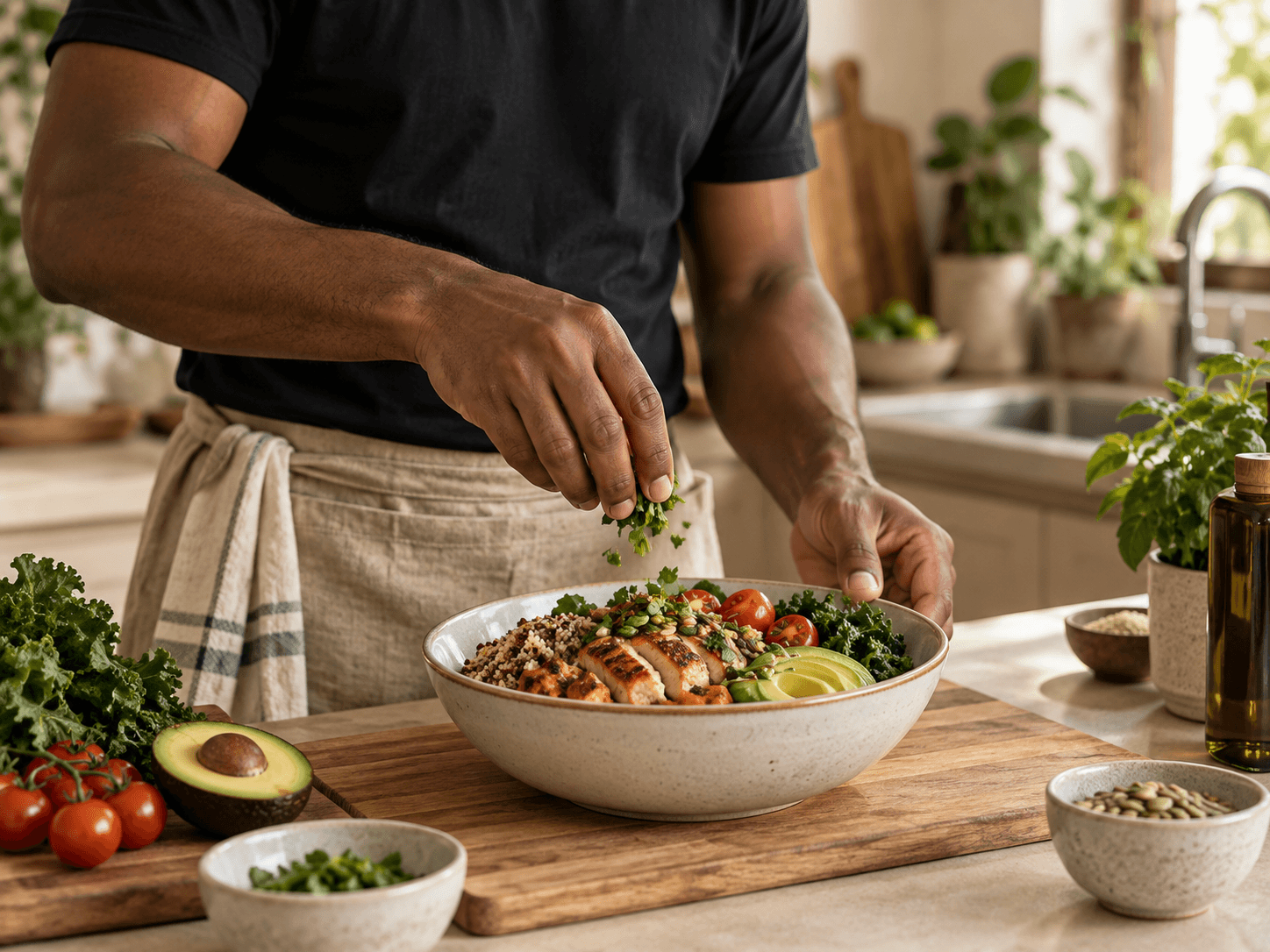 Pessoa preparando uma refeição equilibrada com ingredientes frescos em uma cozinha iluminada.