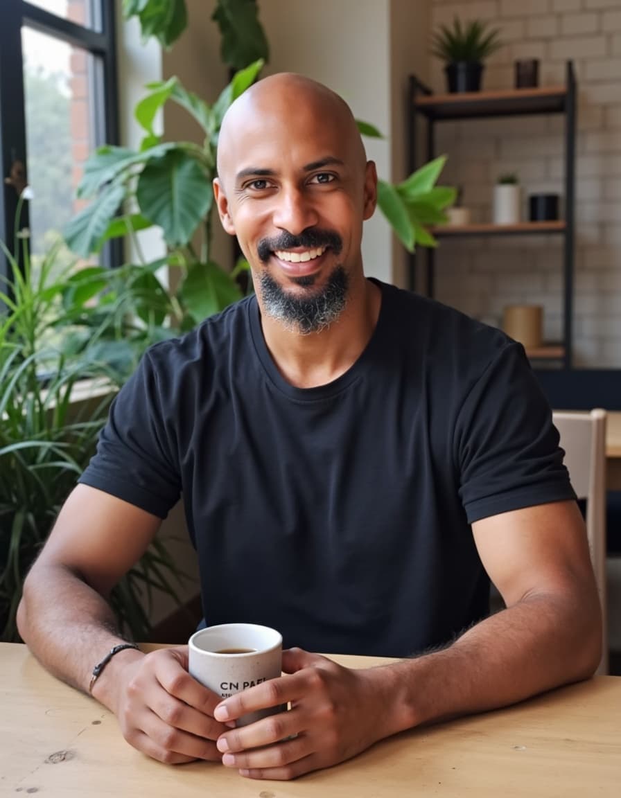 Allan Nascimento sorrindo, de camiseta preta, sentado em um ambiente claro com plantas.