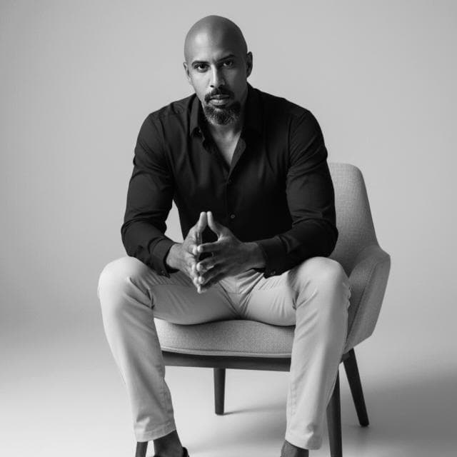 Allan Nascimento, de camisa preta, sentado em uma cadeira, em retrato preto e branco.