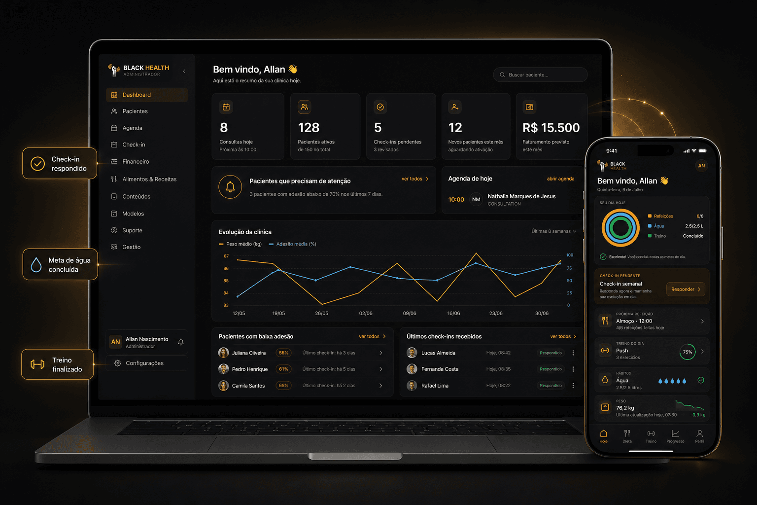 Plataforma Black Health exibida em um notebook e em um celular.