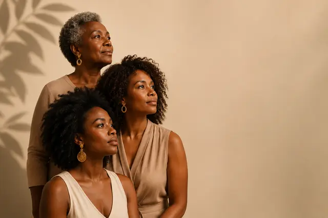 Três mulheres negras de diferentes gerações reunidas em um retrato.